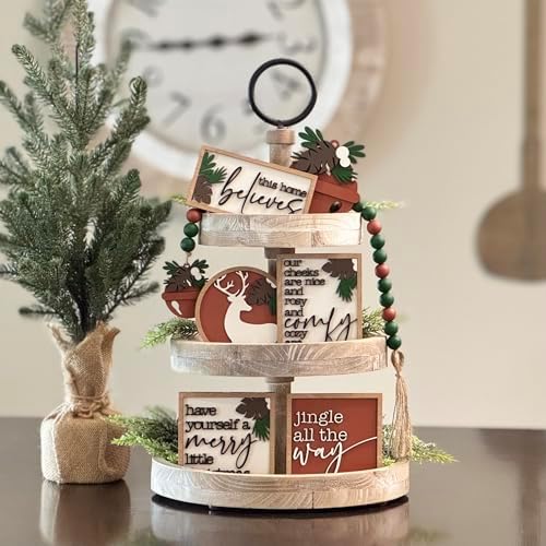 7 Pcs Christmas Themed Tiered Tray Decor Set, Christmas Themed Decor Bundle For Tier Tray, Christmas Tiered Tray Decorations, Seasonal Tier Tray Decor - Image 2