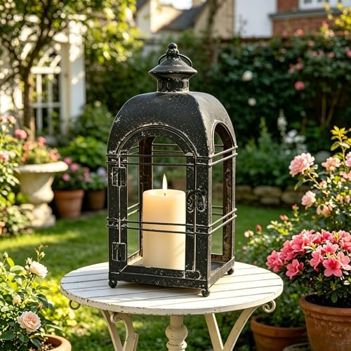 Vintage Farmhouse Metal Candle Lantern - 14 Inches Rustic Distressed Black Lanterns Indoor & Outdoor Decor Hanging Candle Holder Lantern for Garden Front Porch Patio Wedding Christmas (No Glass) - Image 4