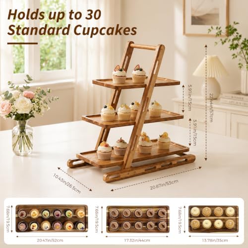 3-Tier Acacia Wood Cupcake Stand, Rustic Dessert Tower - Image 2