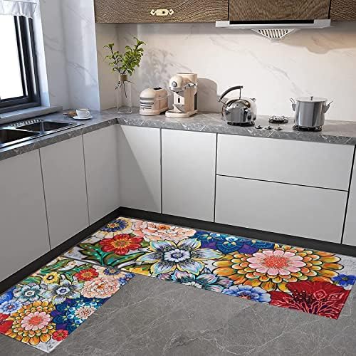 Boho Large Floral Kitchen Rugs Set 2 Piece Colorful Decorative Rug Runner Low-Profile Floor Mats Decorations for Home Kitchen(17"x48"+17"x30") - Image 2