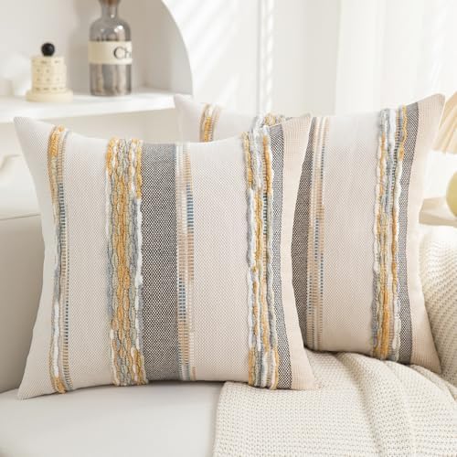 Boho Pillow Covers 18x18 Set of 2 for Couch-Modern Farmhouse Sofa Decorative Throw Pillow Covers Textured Chenille Cushion Covers Outdoor Netural Bohemian Pillow Cases Square by PLEPATE