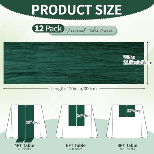 12 Pack Dark Green Cheesecloth Table Runner 10Ft, Christmas Table Runner 21.5 X 120 inch, Semi Sheer Cheese Cloth Fabric Boho Table Runner Bulk for Christmas Decorations,Bridal Shower,Wedding - Image 2
