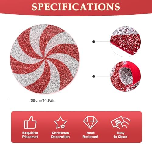 15" Silver Red Rhinestone Round Christmas Placemats Set of 4 - Image 5