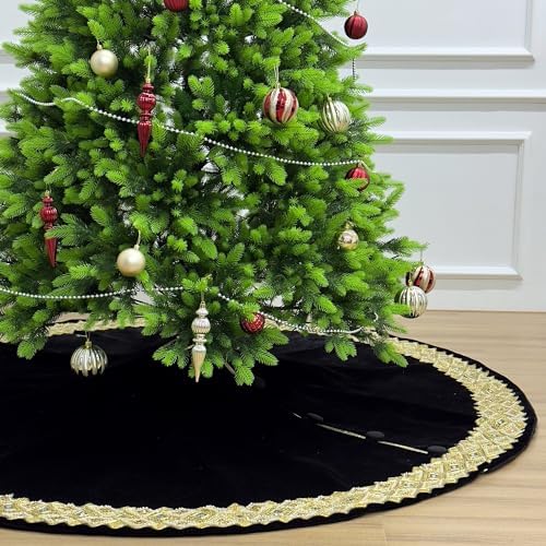 84-Inch Venetian Gilded Christmas Tree Skirt with Jeweled Gold Band and Button Loops, Black - Image 5