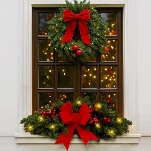 Yalikop 1 Pcs 24.5 Inch Christmas Swags with Light, Red Bow and Berry - Image 3