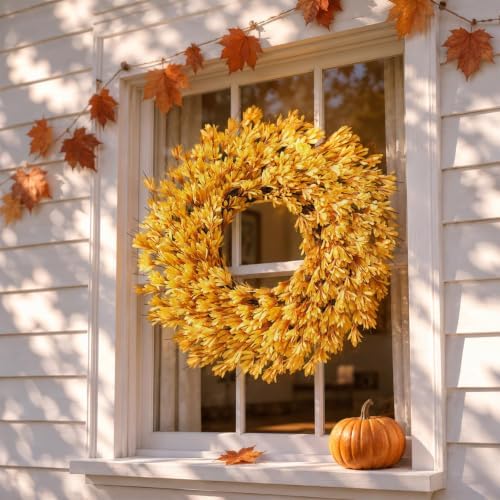 24" Artificial Forsythia Flower Fall Wreath for Front Door Decor (Orange) - Image 4