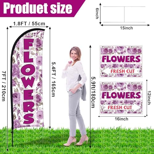 Buryeah 5 Sets Flower Banner Sign Kit Including 1 Flower Feather Flag 4 Double Sided Arrows Signs with Metal Stakes for Outside, Business Advertising, Directional Signage (Purple) - Image 2