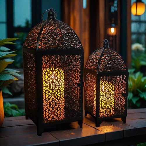 TRIROCKS Set of 2 Vintage Decorative Candle Lantern 12''&16.5'' High Metal Candle Holder Hanging Lantern with Hollow Pattern for Living Room Garden Parties Events Indoors Outdoors(Black) - Image 2