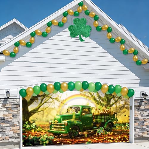 St Patricks Day Garage Door Banner 157.5x70.9in Large Garage Door Cover Outdoor Decorations Green Truck Shamrock Holiday Backdrop with 8 Grommets & 393.7in Rope - Image 3