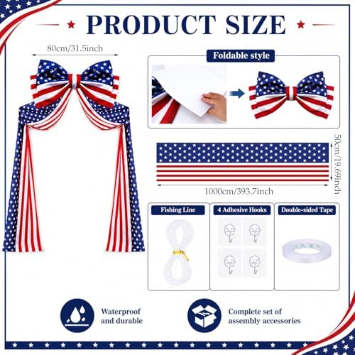 Breling 4th of July Patriotic Bunting Door Porch Decorations 32ft Patriotic Porch Banner with Large 4th of July Bow Red White and Blue Independence Day 250th Anniversary Banner Outdoor Yard Decor - Image 2