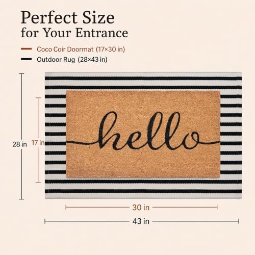 Front Door Mat Combo Set, Hello 100% Coco Coir Welcome Doormat + 28" x 43" Layered Buffalo Black and White Striped Rug, Spring Thanksgiving Porch Entryway Decor Indoor Outdoor Floor Mats - Image 2