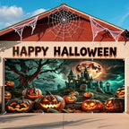 Halloween Garage Door Cover 7x16ft Ancient Tree Spooky Graveyard Glowing Pumpkin Halloween Garage Door Decorations for 2 Car Haunted Castle Hallows' Banner for Party Decoration Background by Lexfvpoo