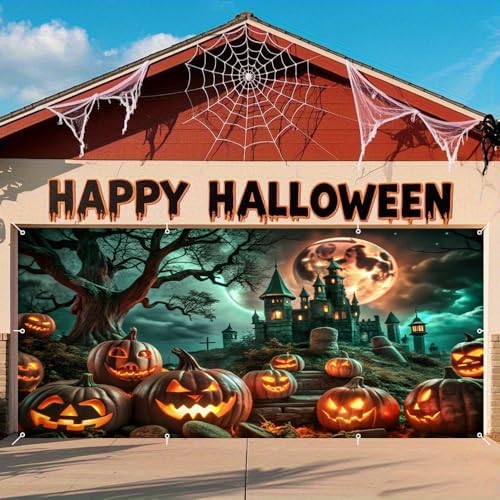 Halloween Garage Door Cover 7x16ft Ancient Tree Spooky Graveyard Glowing Pumpkin Halloween Garage Door Decorations for 2 Car Haunted Castle Hallows' Banner for Party Decoration Background by Lexfvpoo