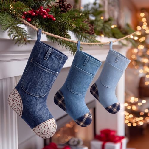 3 Pcs Denim Christmas Stockings Western Xmas Hanging Socks - Image 6