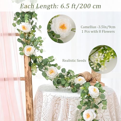 Dolicer 4Pcs 26Ft Artificial Eucalyptus Garlands with Flowers, Faux Floral Greenery Garlands Fake Flowers Vines for Wedding Table Centerpieces Arch Party Ceremony Backdrop Decor (White) - Image 3