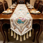 Luxury Vintage Table Runner 120" Long Thick Chenille Floral Jacquard White - Image 2