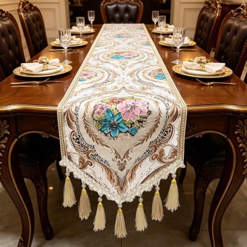 Luxury Vintage Table Runner 120" Long Thick Chenille Floral Jacquard White - Image 2