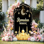 6.6FT Arch Backdrop Cover Black Gold Eid Ramadan Mubarak Photography Holiday Welcome Crescent Wedding Arch Cover Spandex Fitted Stretchy Backdrop Stand Covers for Birthday Party Wedding Decoration - Image 2