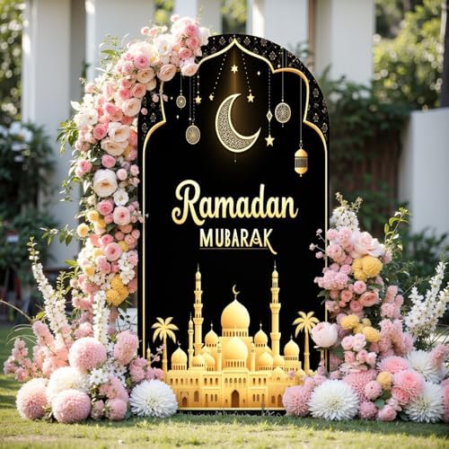6.6FT Arch Backdrop Cover Black Gold Eid Ramadan Mubarak Photography Holiday Welcome Crescent Wedding Arch Cover Spandex Fitted Stretchy Backdrop Stand Covers for Birthday Party Wedding Decoration - Image 2