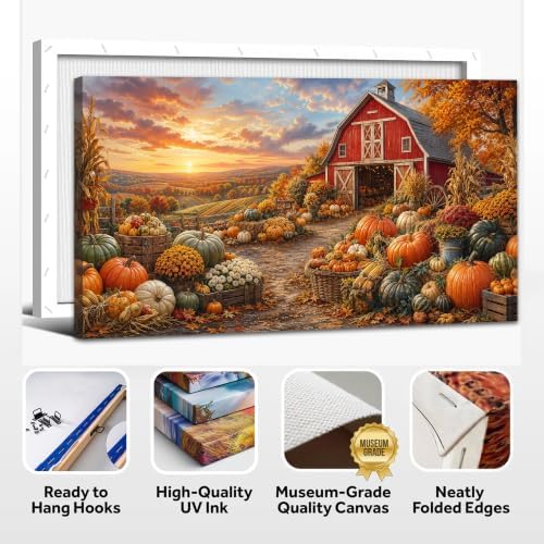 WAXWHELK Farmhouse Fall Canvas Wall Art, Rustic Autumn Pumpkin Barn Painting Pictures Thanksgiving Artwork for Living Room Bedroom Home Decor (24"x47") - Image 6