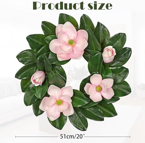 20" Artificial Wreath for Front Door Pink Magnolia Wreath Greenery for Easter Spring Housewarming Wedding Farmhouse Mantel Door Decoration - Image 3