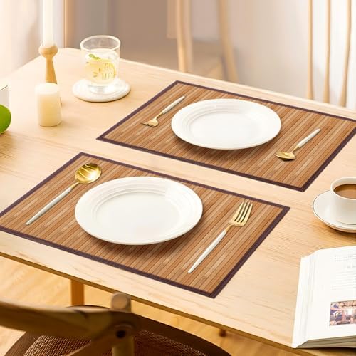 Bamboo Placemats Set of 8 with Fabric Border, Table Mats, Camel - Image 2