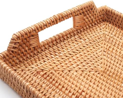 Rattan Serving Tray, Hand Woven Tray with Handles, Rectangular Wicker Basket Tray for Coffee Table Home Decor (14.5 x 10.2 x 1.4 inch) - Image 2