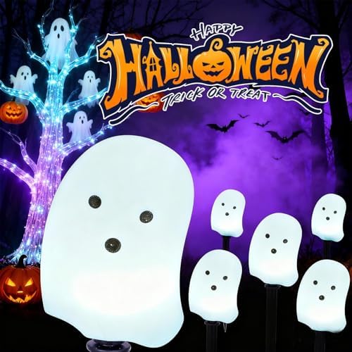Halloween Solar Lights for Outdoor Decorations, 5 Pack Ghost Pathway Lights, Solar Ghost Lights for Garden, Yard, Party Halloween Decor（Dull） - Image 6