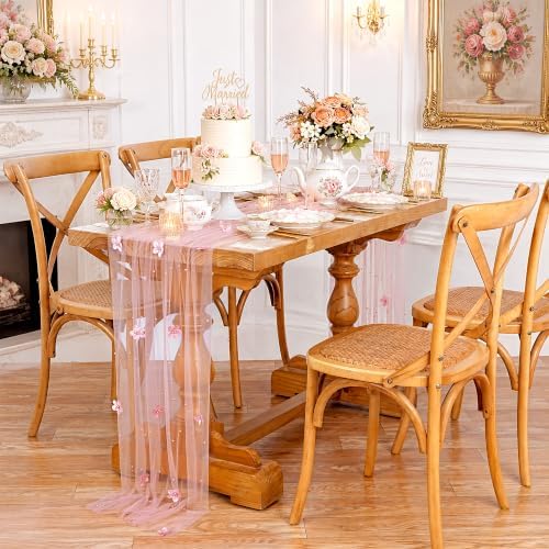 Fanqisi Dusty Rose Pearl Table Runner Floral Tulle Gauze Runner 10FT 8 Pack - Image 7