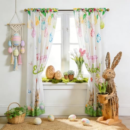youleyar Easter Curtains for Living Room, 96 Inch Length Easter Colorful Eggs and Cute Bunny Printed Pattern Curtain, Rod Pocket Window Drapes Decorations for Bedroom Dining Room Drapes, 52W x 96L - Image 6