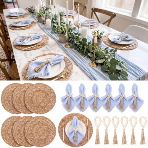 Fanfanwin Set of 6 Boho Woven Placemats with Light Blue Napkins, 13 in by Fanfanwin