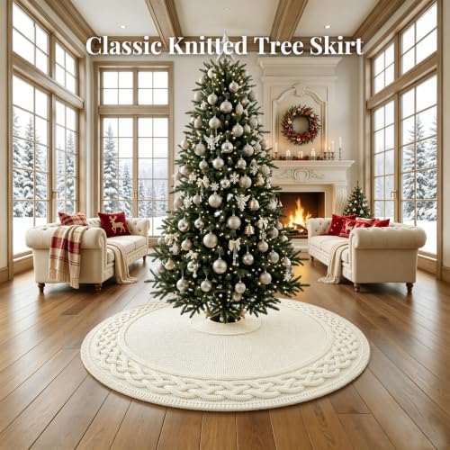 VOXOR 60 Inch Christmas Tree Skirt, Extra Large Chunky Knitted Tree Skirt with Bow Tie Closure, Cream Vintage Tree Skirts for 9 & 10 Feet Trees, Farmhouse Christmas Decorations for Home Living Room - Image 2
