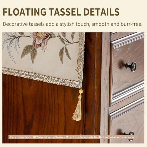 Floral Embroidered Table Runner 72" Non-Slip with Tassels, Ivory - Image 5