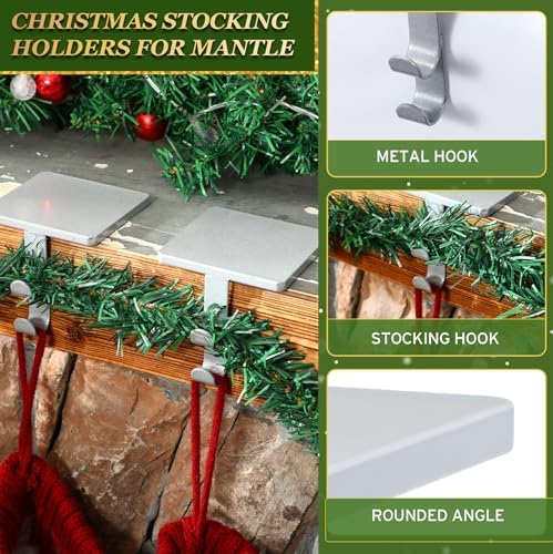 Zhengmy 6 Pcs 2 in 1 Fireplace Stocking and Garland Hangers Heavy Duty Metal Christmas Stocking Holder for Mantle, Two Hooks Hangers for Garland Balls Fireplace Xmas Holiday Party Decoration (Silver) - Image 6