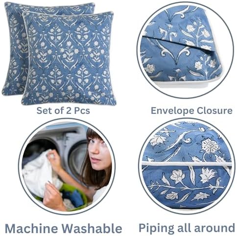 Ridhi Block Print Cornflower Blue Pillow Cover 20" x 20" (Pack of 2) Decorative Couch Pillows for Living Room, Chic Boho Cute Outdoor Pillows Covers Gifts for Spring, Easter and Valentine - Image 3