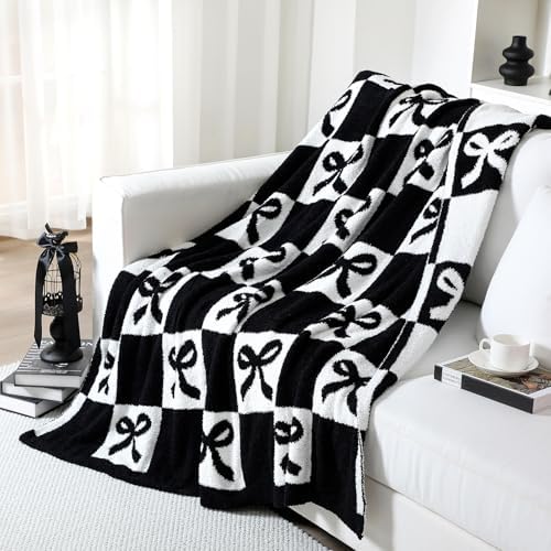 Buryeah Bow Knit Throw Blanket, Black and White, 50 x 60 Inch - Image 6