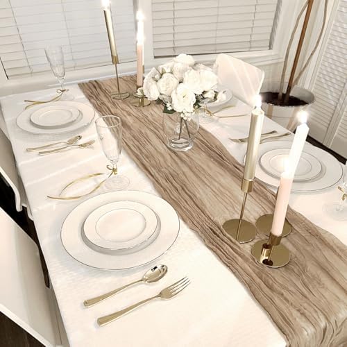 10 Packs Nude Cheesecloth Table Runner 35x120 inch, Boho 10ft Light Brown Cheese Cloth Table Runner Gauze Rustic Table Cloth for Bridal Shower Wedding Birthday Party Holiday Decor - Image 2
