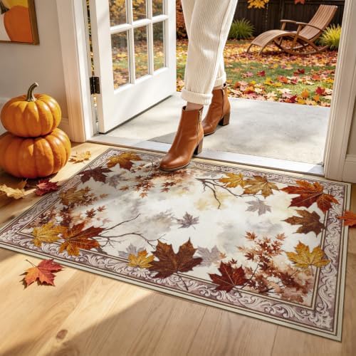 U'Artlines Fall Front Door Mat, 32"×48" Vintage Farmhouse Marple Leaves Mat by UArtlines