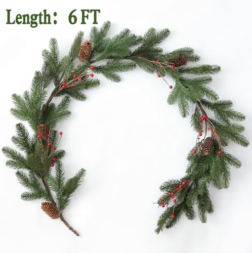 MIZII Christmas Garlands 6FT Artificial Pine Garland with Pinecone Berries Greenery Garland Christmas Decorations for Xmas Fireplace Mantle Home Decor Indoor Outdoor (Green-6FT) - Image 2