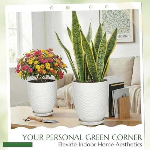 9.5 Inch Flower Pots for Indoor Plants,Ceramic Planter with Saucer Drainage Leak-Proof Mesh Gardening Gloves (Water-Ripple White) - Image 2