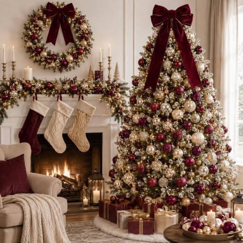 Lunmon 64 Pcs Burgundy and Gold Christmas Ball Ornament 1.57/1.97/2.36 Inch - Image 3