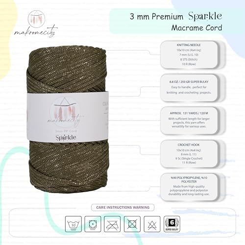 Makromecity Sparkle 2 Skeins of Polypropylene Macrame Cord 3mm x 131 Yards (394 feet) Premium Polyester Macrame Cord for Macrame Art & Crafts for Wall Hangings, Bags, Underplate, Rug - Image 3