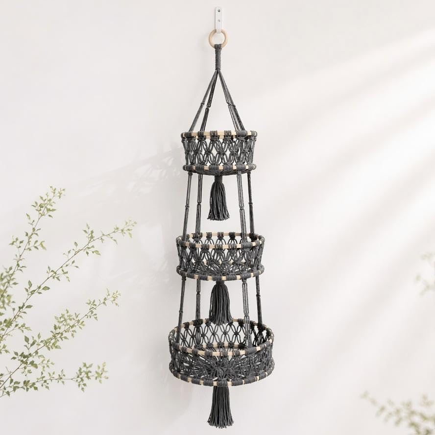 Macrame Hanging Fruit Basket, 3-Tier Boho Kitchen Storage(Gray) by Unknown