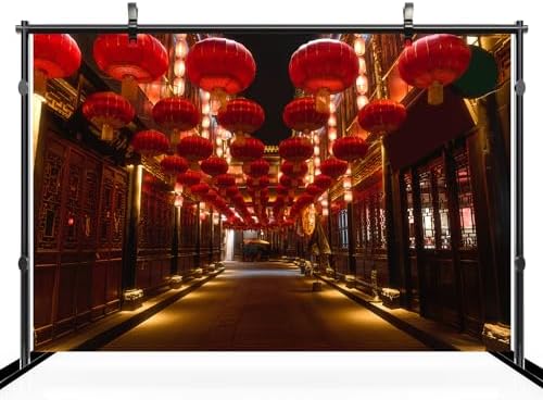 12x8ft China Vintage Street Backdrop Asia Chinese Lunar New Year Red Lanterns Wooden Building Night View Background Asian China Travel Party Decor Photo Studio Booth Props Wallpaper - Image 3