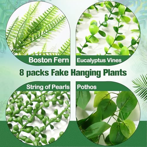 Daifunli 8 Pcs Artificial Hanging Plants Fake Hanging Ferns Plastic Faux Plants for Wall Room Garden Garland Indoor Outdoor Decor No Basket (Boston,Eucalyptus,Ivy Vine,String of Pearls) - Image 4