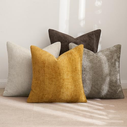 MIULEE Decorative Chenille Fall Pillow Covers Gold Brown 18x18 Pack of 4 - Image 3