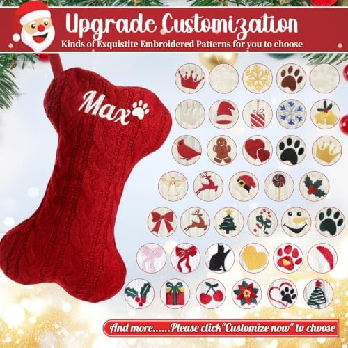 Personalized Dog Christmas Stockings,Custom Embroidered Pet Name & Bone Shape Stocking for Pet,Red Green White Cable Knit 15.7” Large Dog Stocking for Fireplace Holiday Decor Gifts(5 Pack) - Image 4