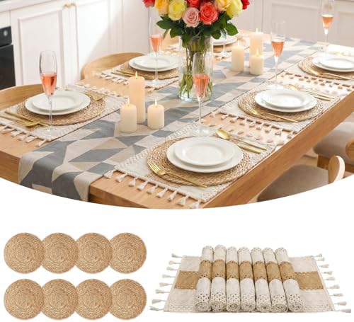 Placemats Set of 8 - Rattan Round Place Mats & 11.8” x 17” Cotton Braided Placemat for Dining Table Setting, Rustic Farmhouse Boho Wedding Decor, Wicker Woven Charger Dinner Plates, 16Pcs by AIMSEAL