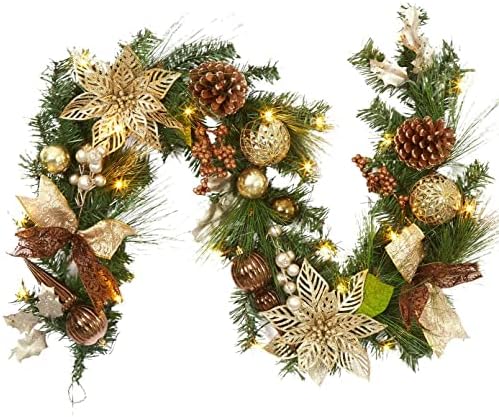 6ft Prelit Christmas Garland with 20 Lights, Xmas Fake Vines with Bows Christmas Balls Flowers Berries Greenery Christmas for Front Door Fireplace Mantel Porch Holiday Decorations by Adeeing