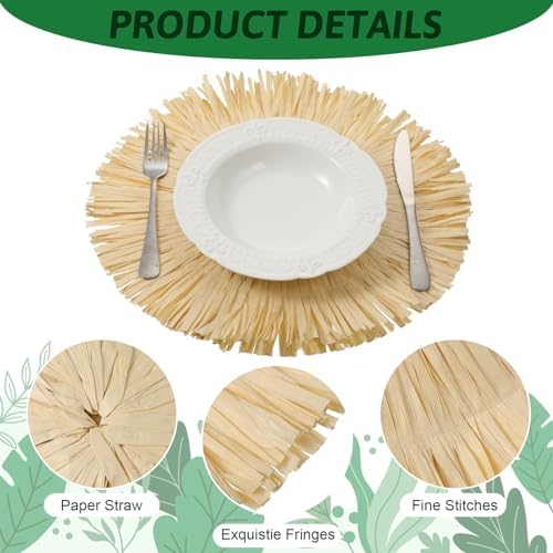 24pcs Luau Placemats and Palm Placemat, Round Luau Fringe Place Mats Tropical Palm Leaf Place Mats Bulk Summer Hawaiian Plate Chargers Table Placemats Tropical Party Supplies - Image 3